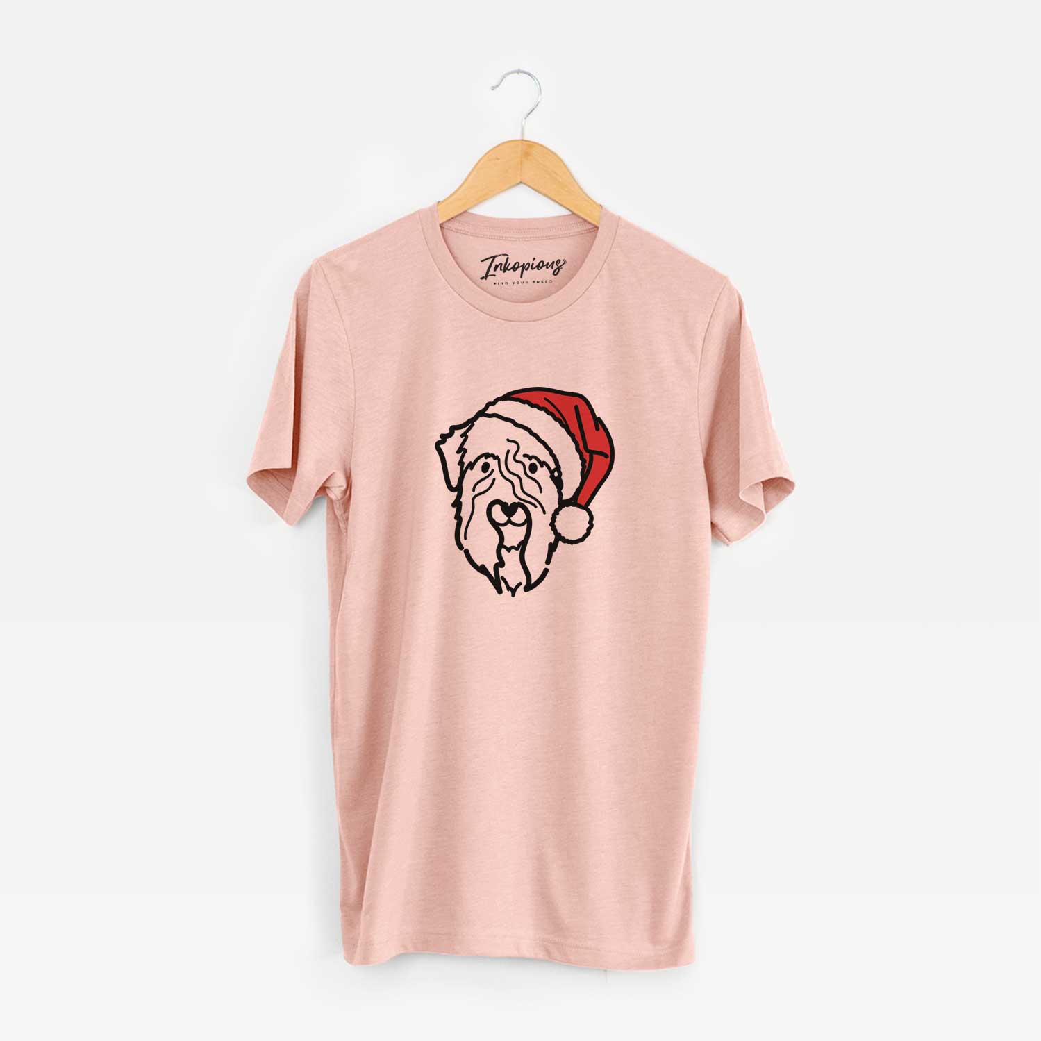 Minimalist line drawing of a Soft Coated Wheaten Terrier wearing a Santa hat on a Peach Unisex crewneck