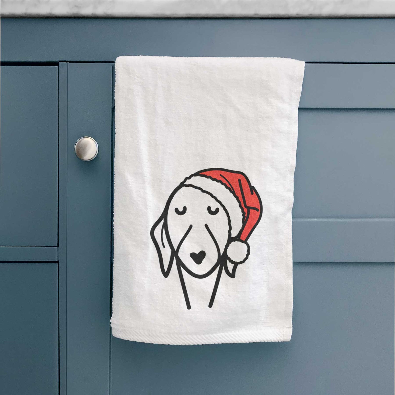 Minimalist line drawing of a Whippet wearing a Santa hat on a decorative hand towel