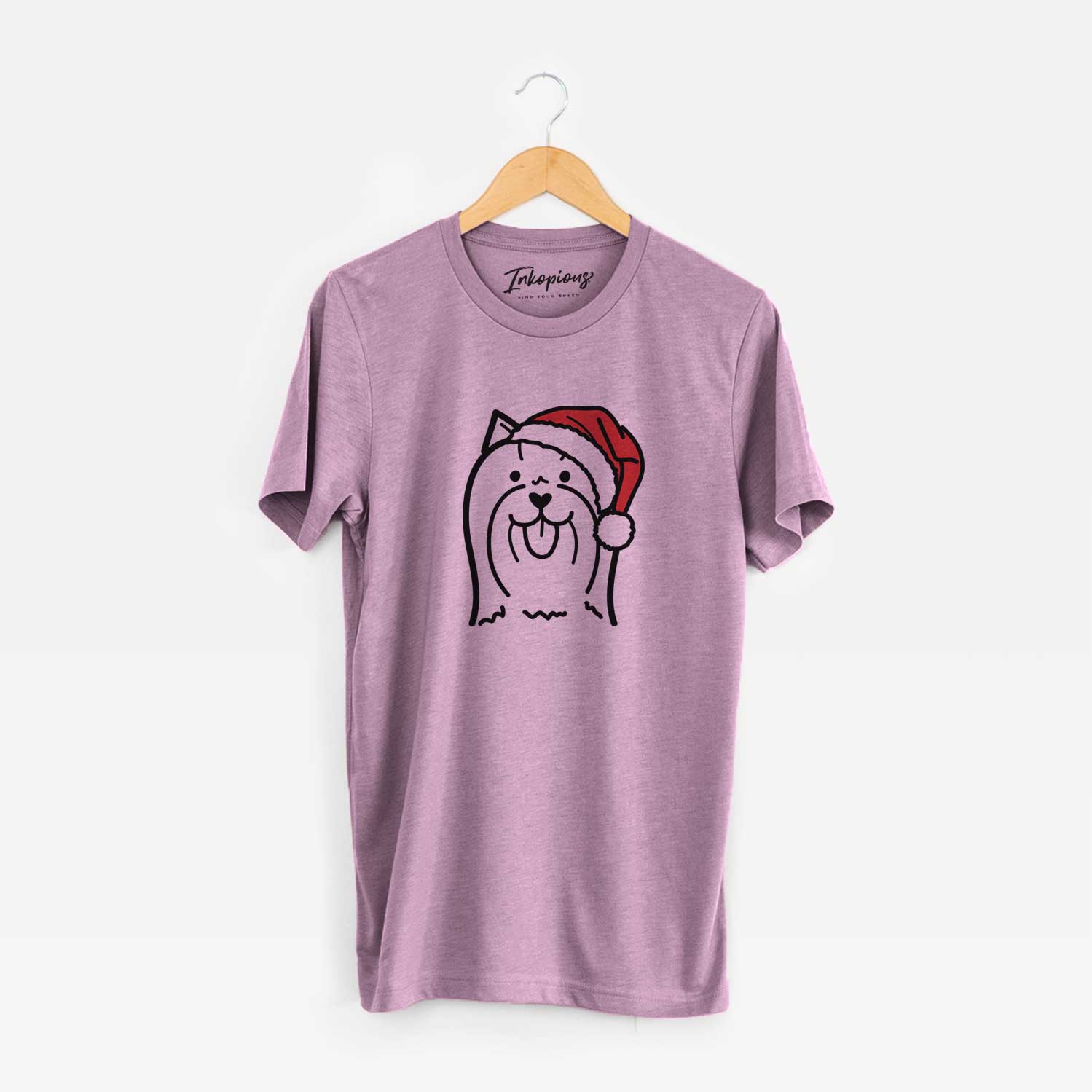 Minimalist line drawing of a Yorkshire Terrier wearing a Santa hat on an Orchid Unisex crewneck