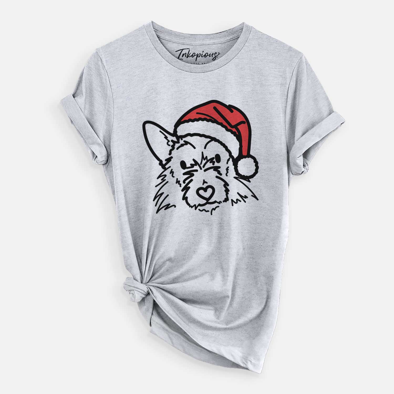 Minimalist line drawing of Ziggy the Terrier Mix wearing a Santa hat on a Grey Unisex crewneck