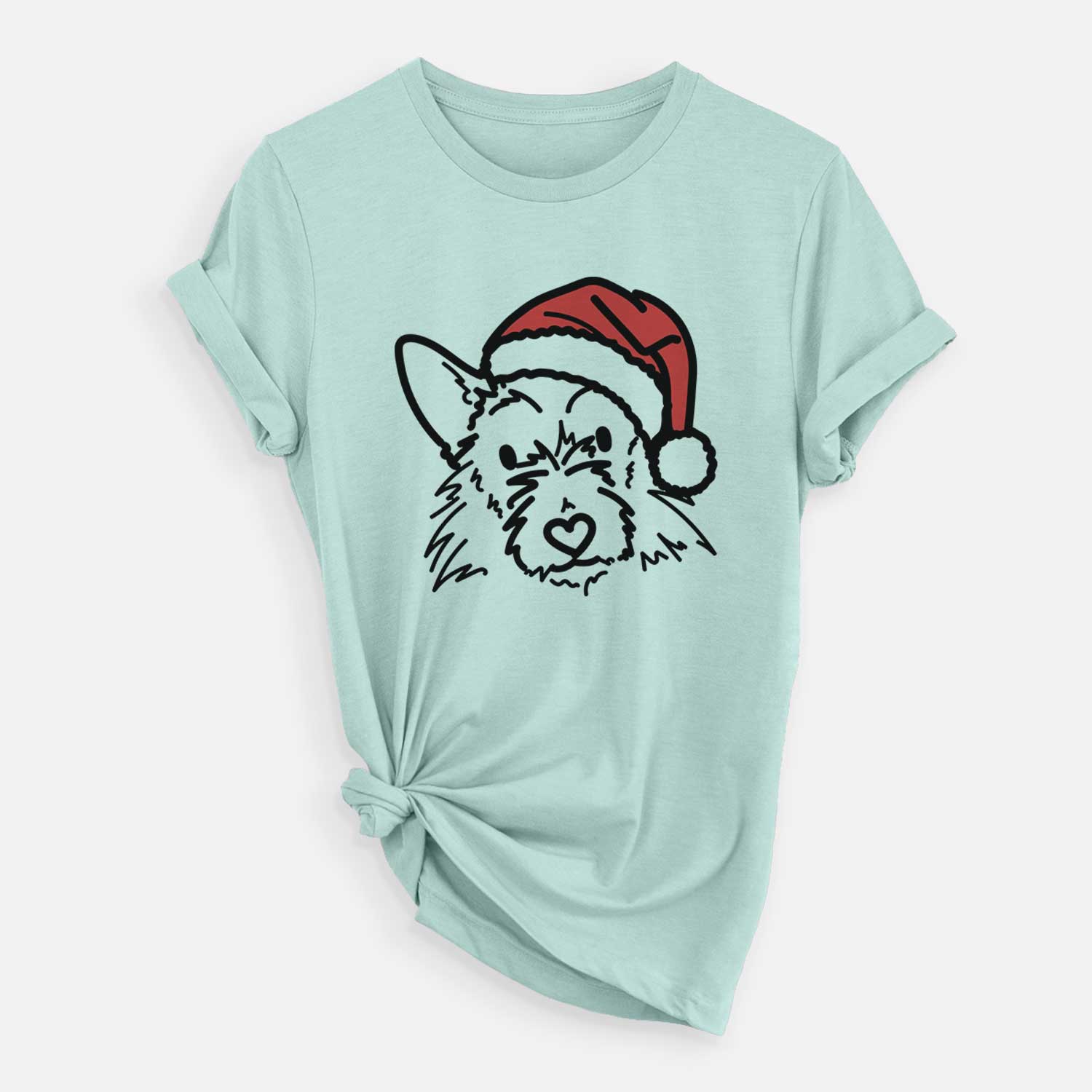 Minimalist line drawing of Ziggy the Terrier Mix wearing a Santa hat on a Heather Sage Unisex crewneck