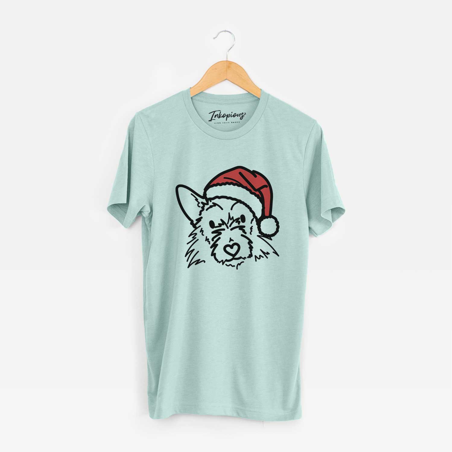 Minimalist line drawing of Ziggy the Terrier Mix wearing a Santa hat on a Heather Sage Unisex crewneck