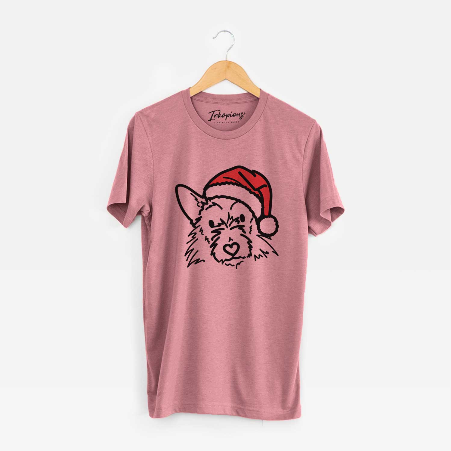 Minimalist line drawing of Ziggy the Terrier Mix wearing a Santa hat on a Mauve Unisex crewneck