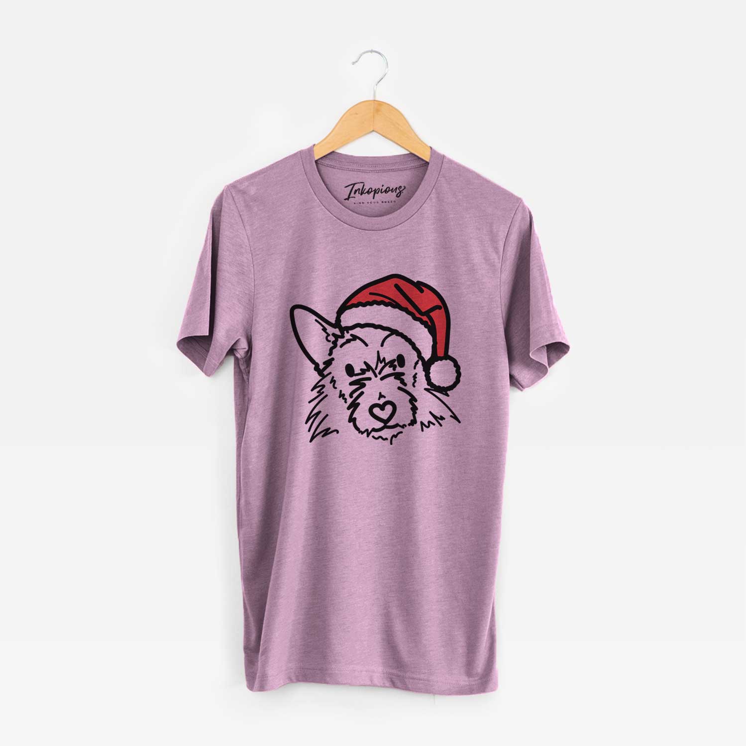 Minimalist line drawing of Ziggy the Terrier Mix wearing a Santa hat on an Orchid Unisex crewneck