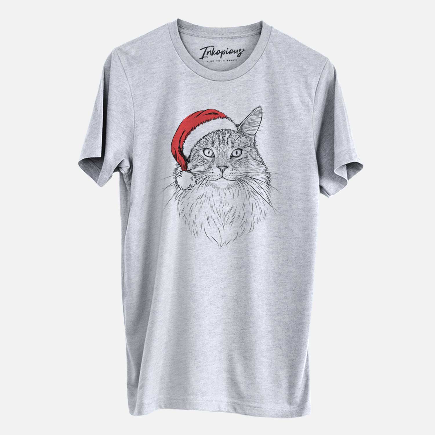 Hand-drawn sketch of Angel the Maine Coon Cat wearing a Santa hat on a Grey Unisex crewneck
