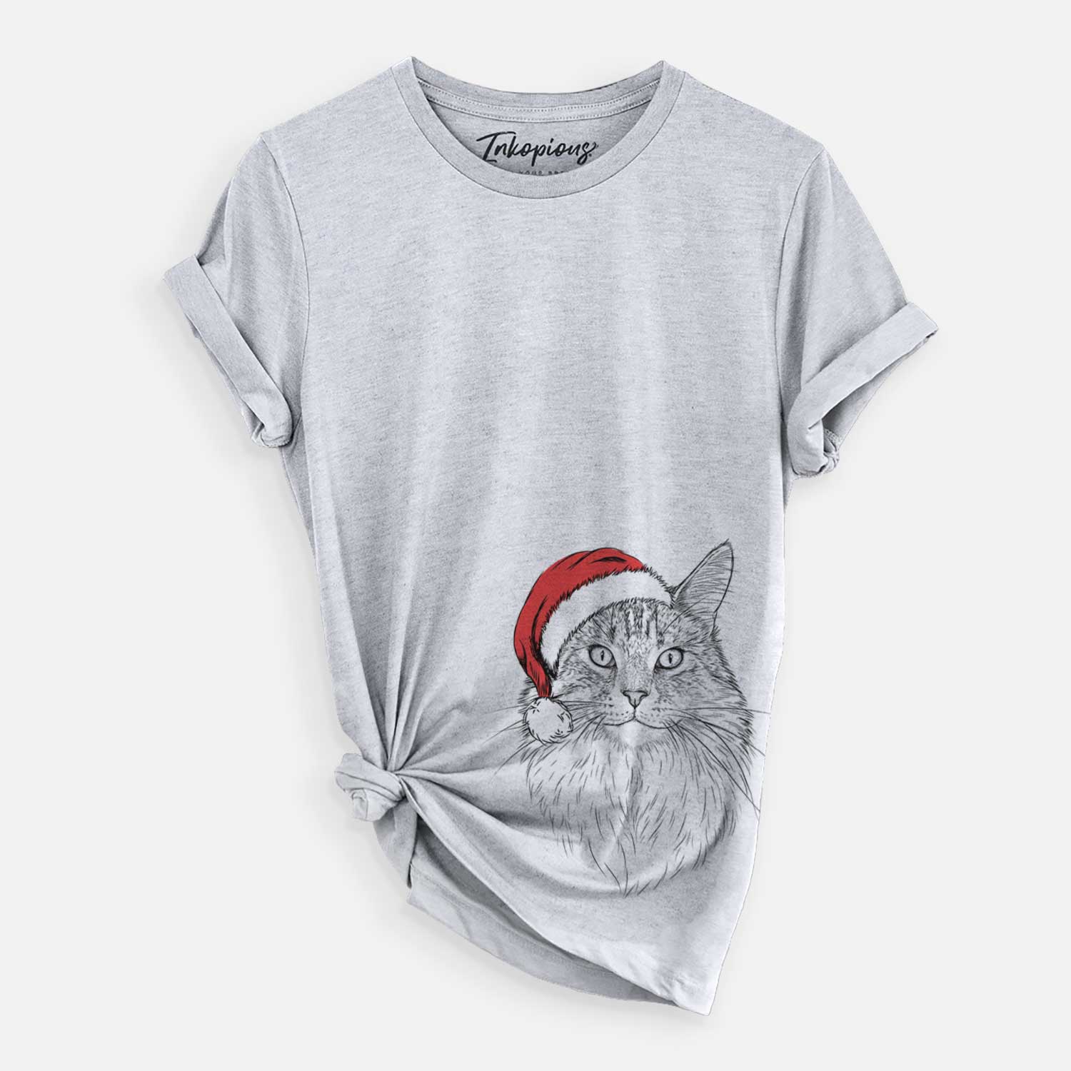 Hand-drawn sketch of Angel the Maine Coon Cat wearing a Santa hat on a Grey Unisex crewneck