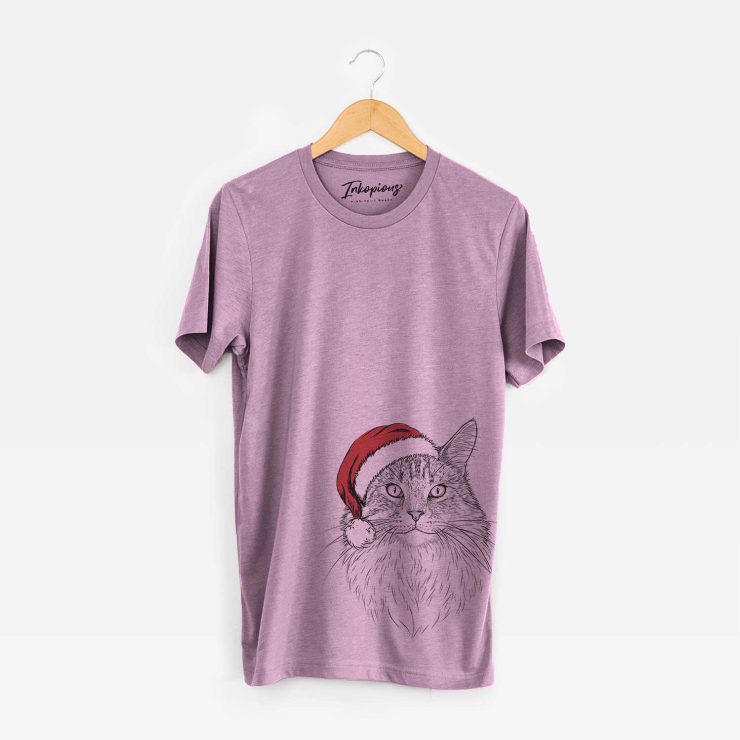 Hand-drawn sketch of Angel the Maine Coon Cat wearing a Santa hat on an Orchid Unisex crewneck