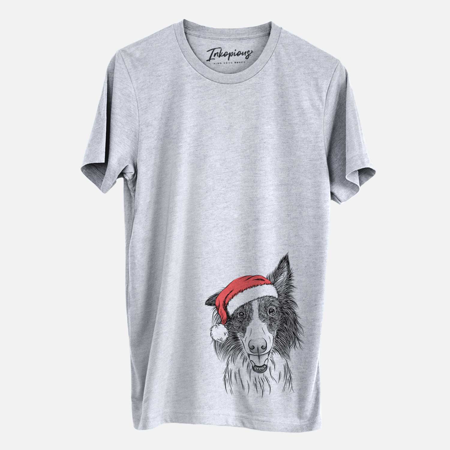 Hand-drawn sketch of Archie the Silken Windhound wearing a Santa hat on a Grey Unisex crewneck