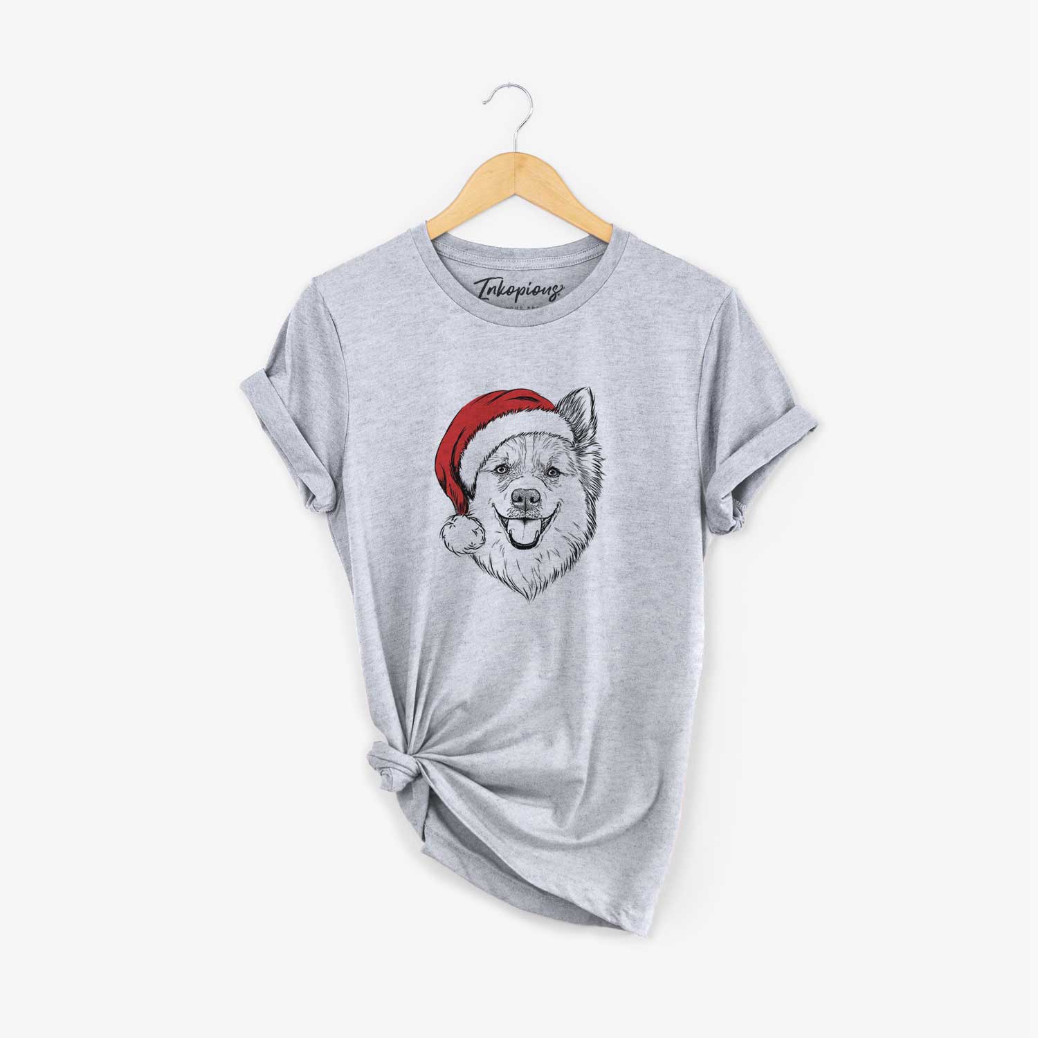 Hand-drawn sketch of Ari the Icelandic Sheepdog wearing a Santa hat on a Grey Unisex crewneck