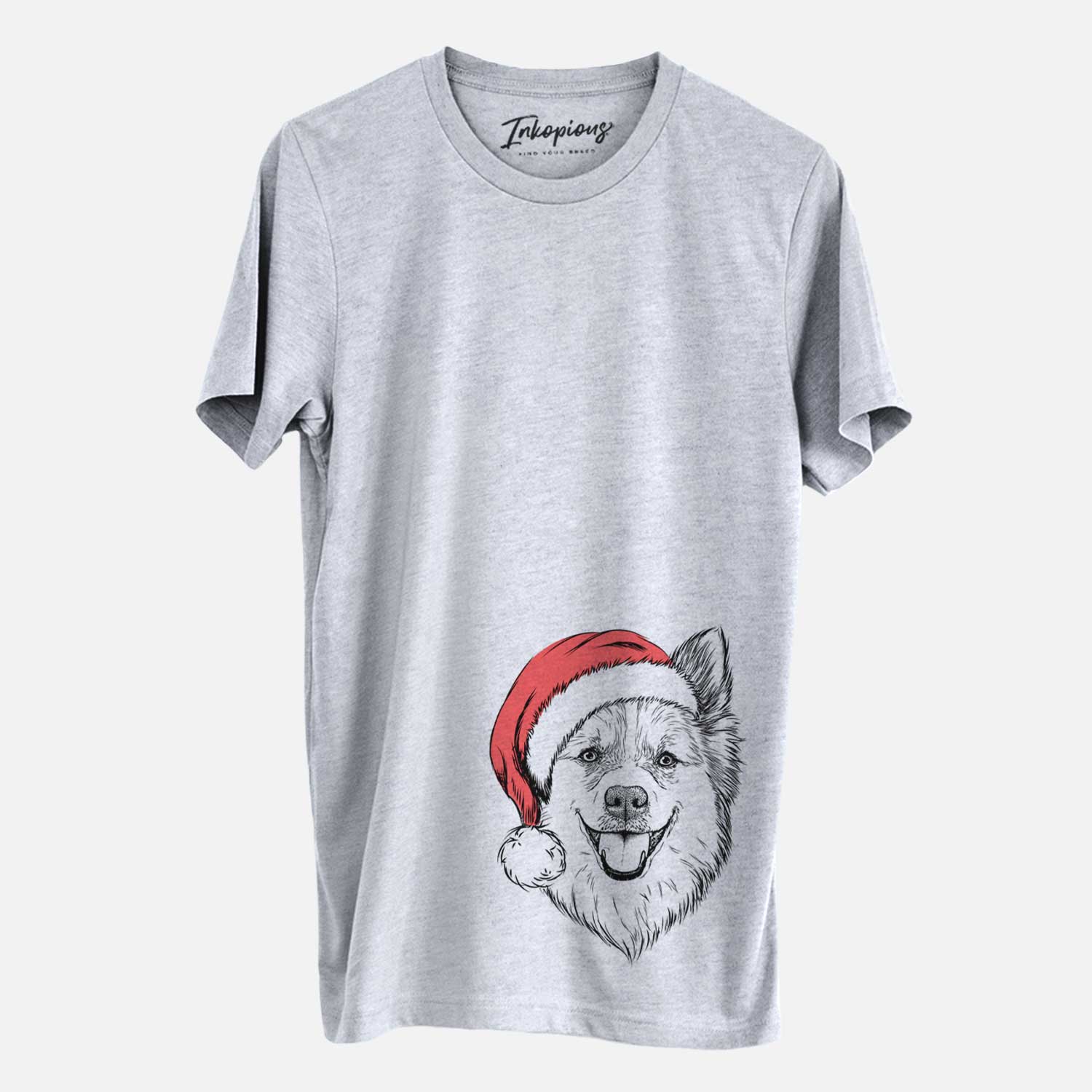 Hand-drawn sketch of Ari the Icelandic Sheepdog wearing a Santa hat on a Grey Unisex crewneck