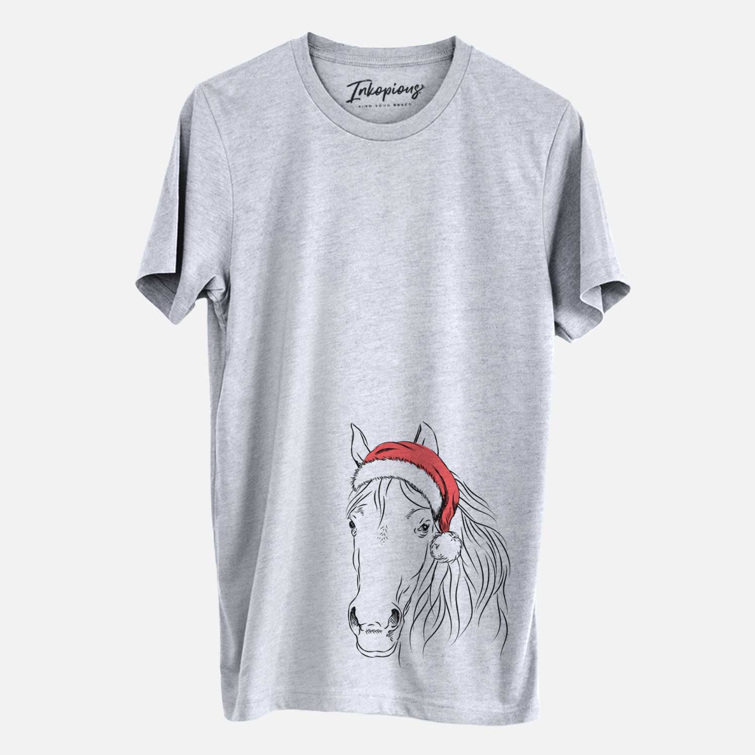 Hand-drawn sketch of Aria the Horse wearing a Santa hat on a Grey Unisex crewneck