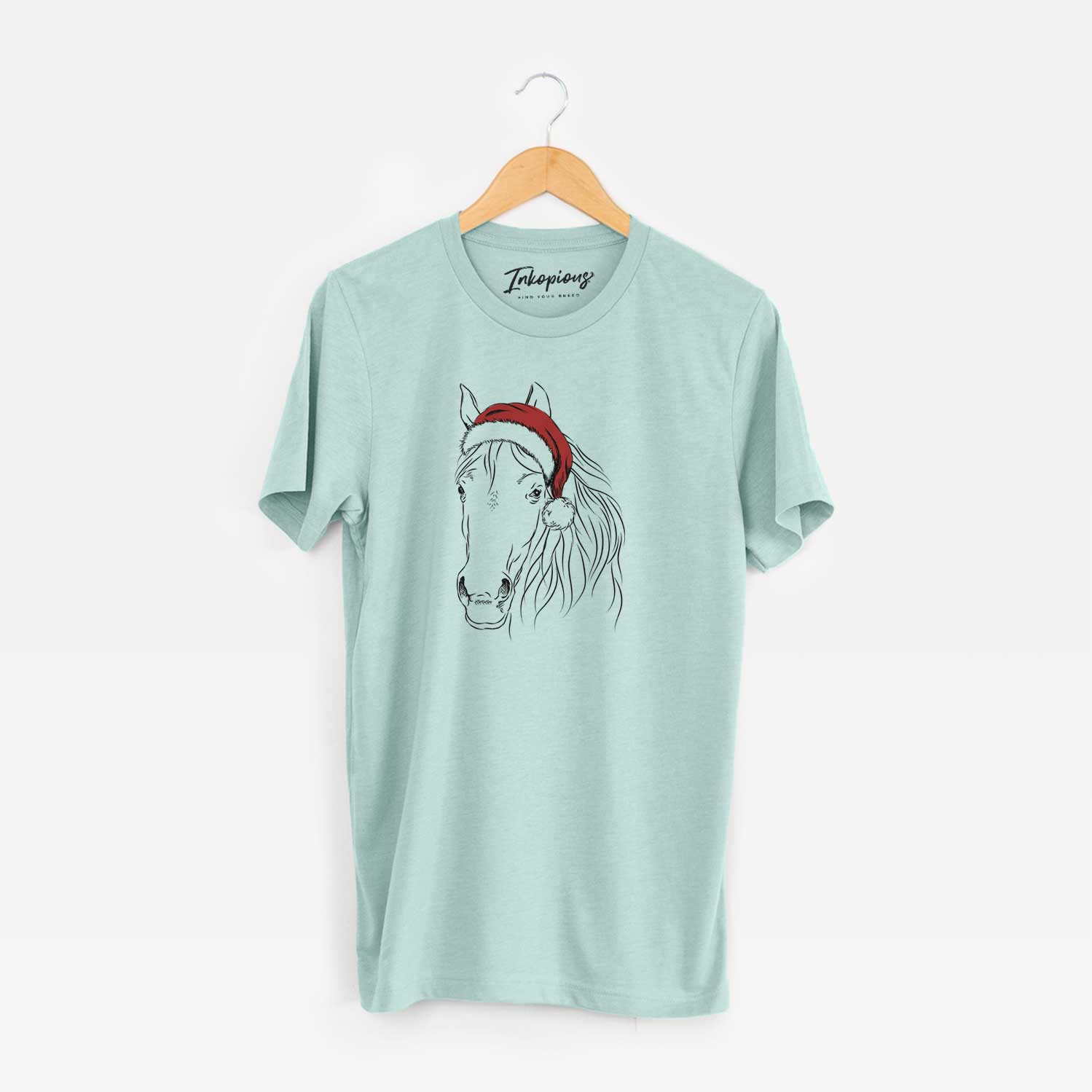 Hand-drawn sketch of Aria the Horse wearing a Santa hat on a Heather Sage Unisex crewneck