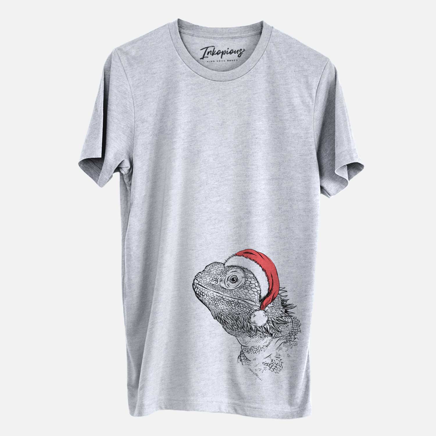 Hand-drawn sketch of Ash the Bearded Dragon wearing a Santa hat on a Grey Unisex crewneck