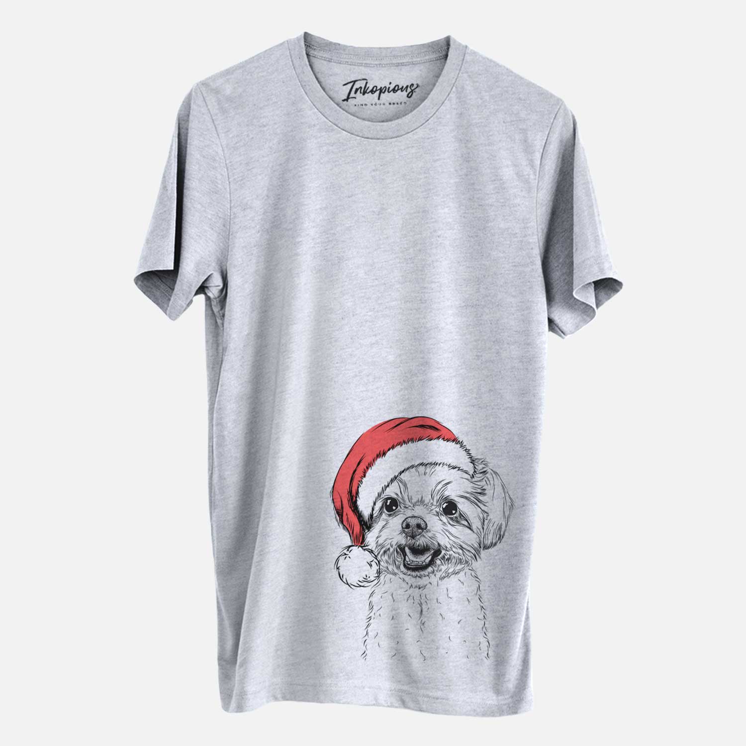 Hand-drawn sketch of Aspen the Morkie wearing a Santa hat on a Grey Unisex crewneck