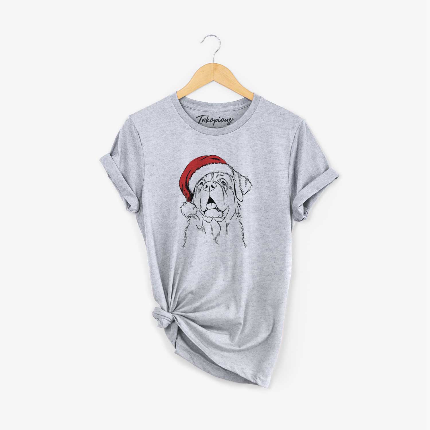 Hand-drawn sketch of Atlas the Saint Bernard wearing a Santa hat on a Grey Unisex crewneck