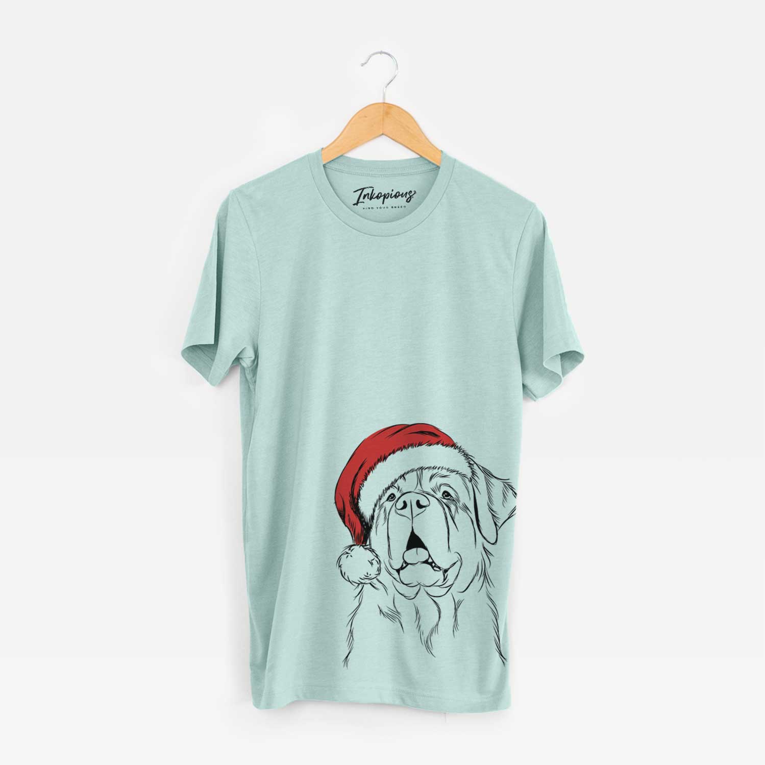 Hand-drawn sketch of Atlas the Saint Bernard wearing a Santa hat on a Heather Sage Unisex crewneck