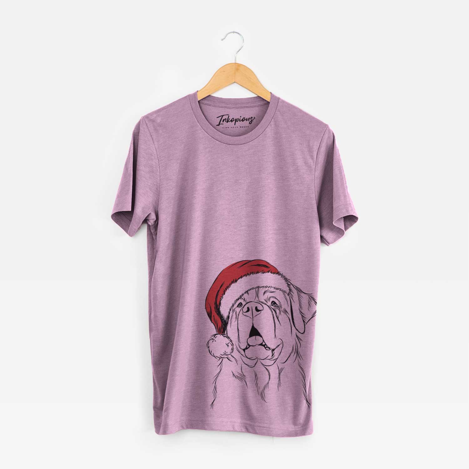 Hand-drawn sketch of Atlas the Saint Bernard wearing a Santa hat on an Orchid Unisex crewneck