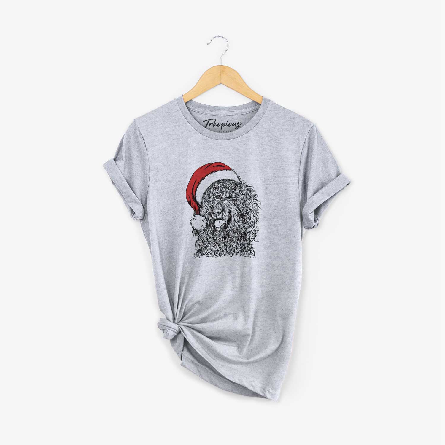 Hand-drawn sketch of Babs the Barbet wearing a Santa hat on a Grey Unisex crewneck