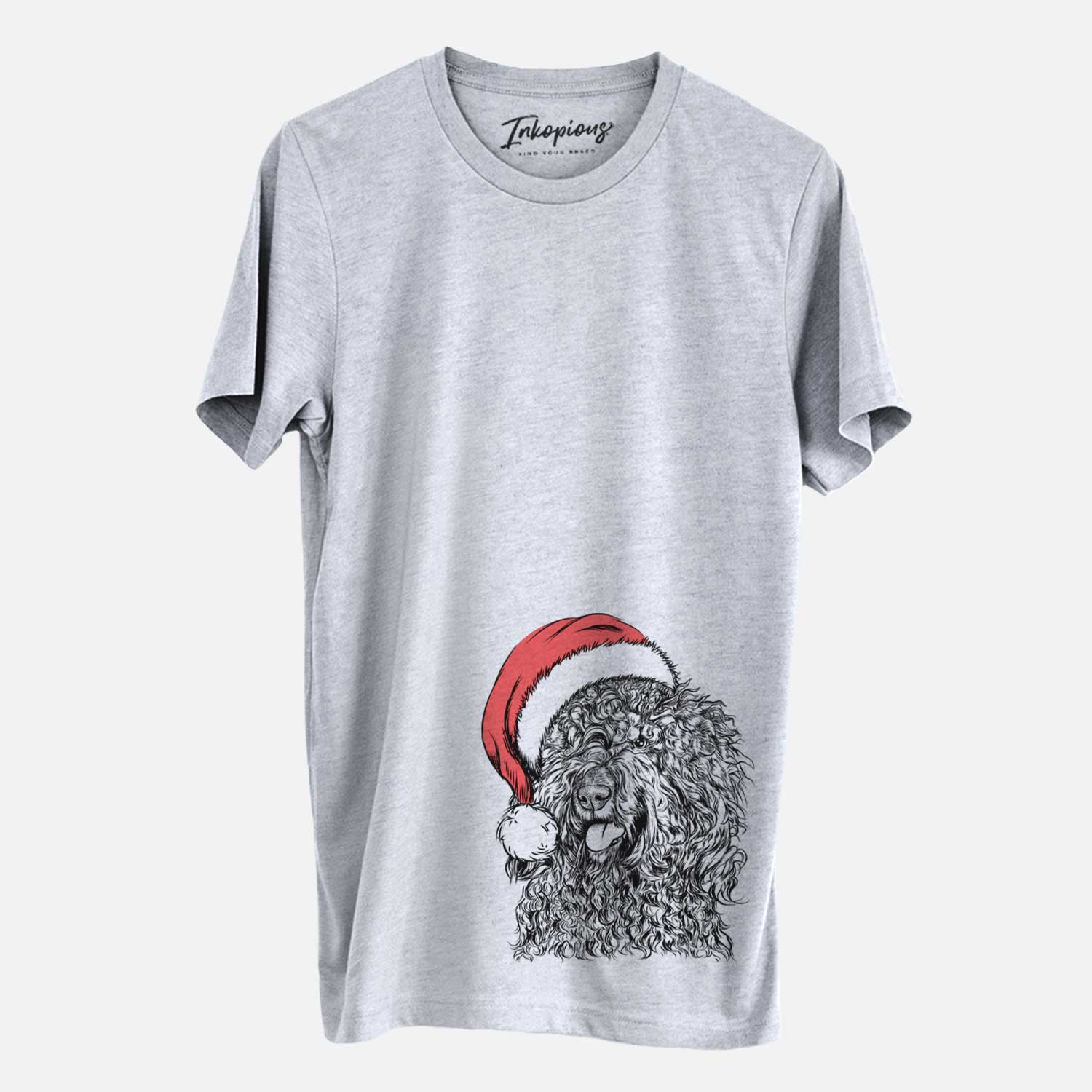 Hand-drawn sketch of Babs the Barbet wearing a Santa hat on a Grey Unisex crewneck