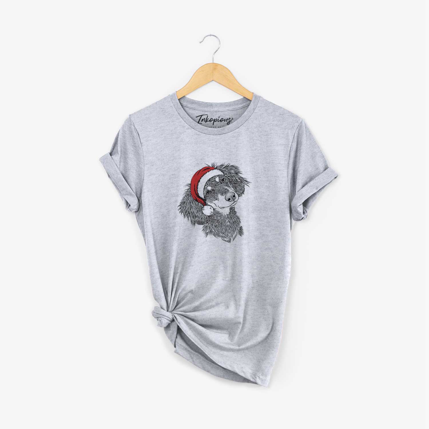 Hand-drawn sketch of Bailey the Long Haired Dachshund wearing a Santa hat on a Grey Unisex crewneck