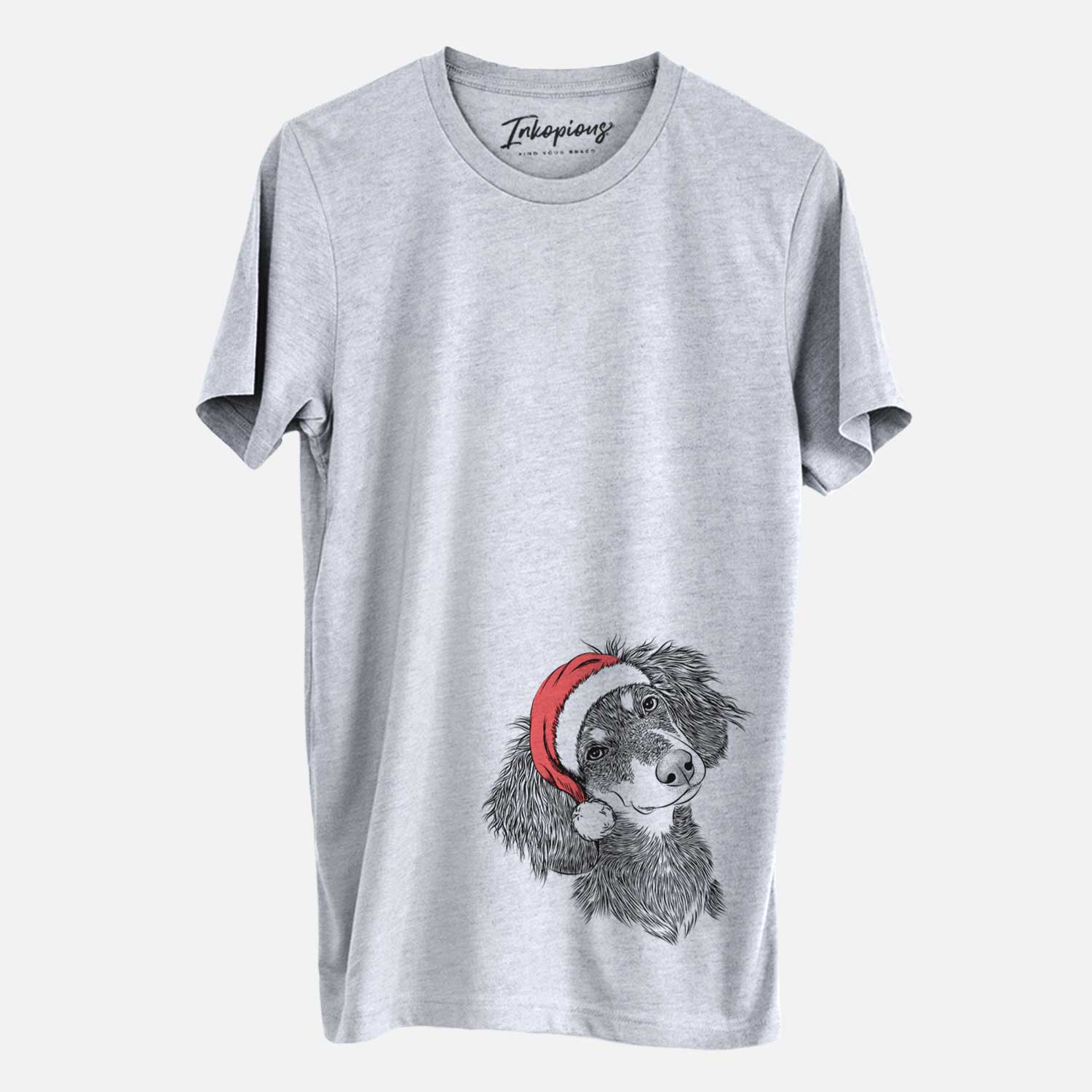 Hand-drawn sketch of Bailey the Long Haired Dachshund wearing a Santa hat on a Grey Unisex crewneck