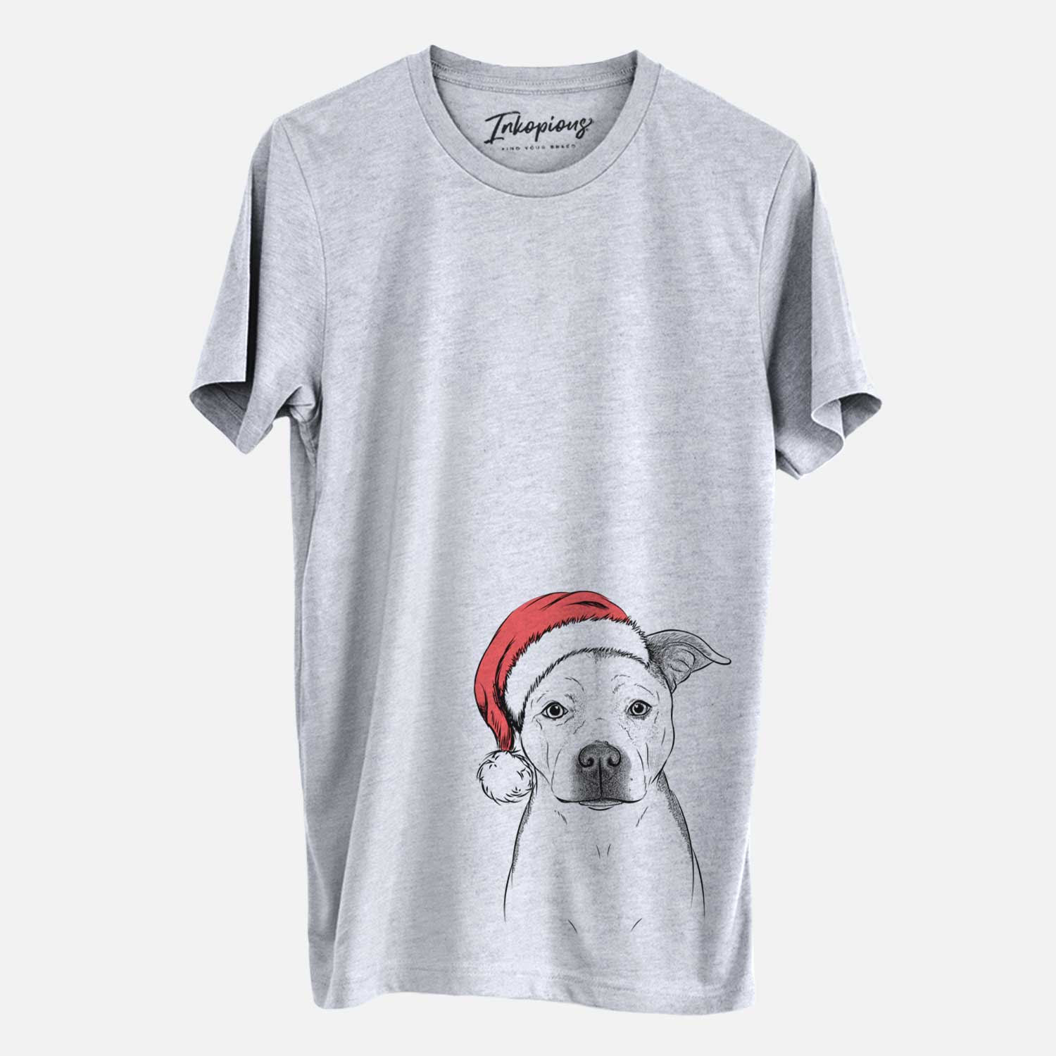 Hand-drawn sketch of Bailey the Pitbull wearing a Santa hat on a Grey Unisex crewneck