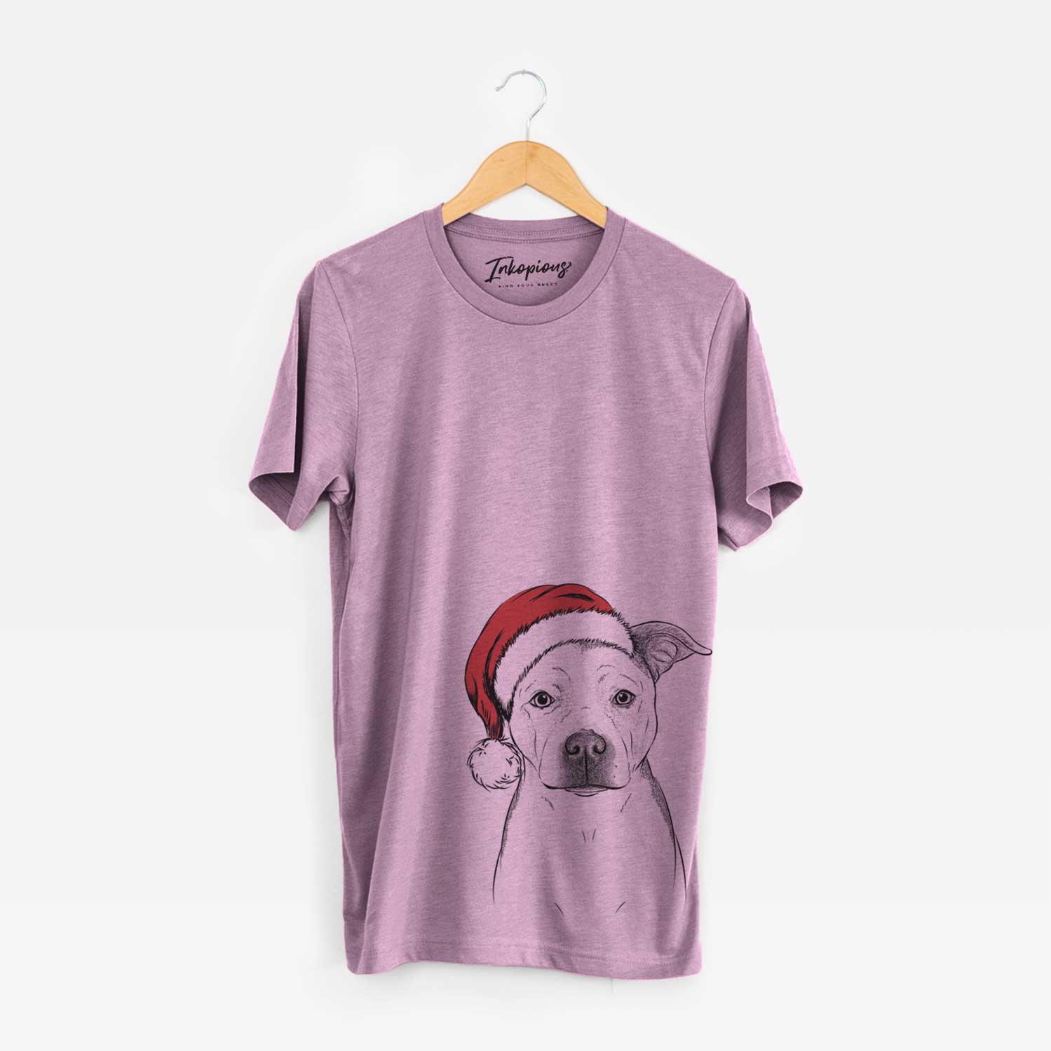 Hand-drawn sketch of Bailey the Pitbull wearing a Santa hat on an Orchid Unisex crewneck