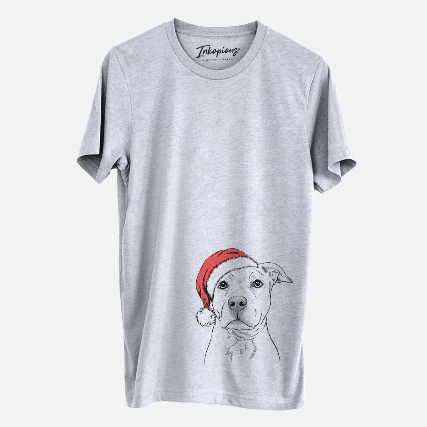 Hand-drawn sketch of Bailey the American Staffordshire Terrier wearing a Santa hat on a Grey Unisex crewneck