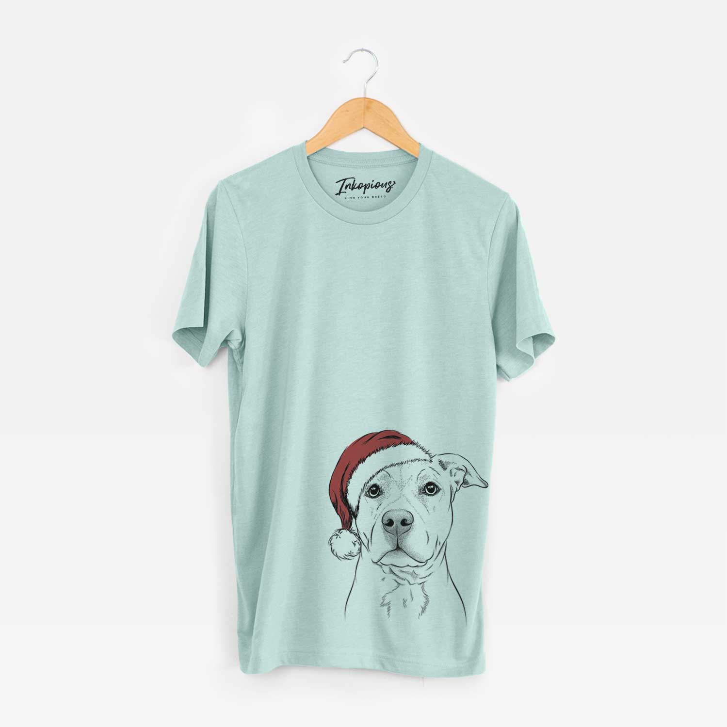 Hand-drawn sketch of Bailey the American Staffordshire Terrier wearing a Santa hat on a Heather Sage Unisex crewneck