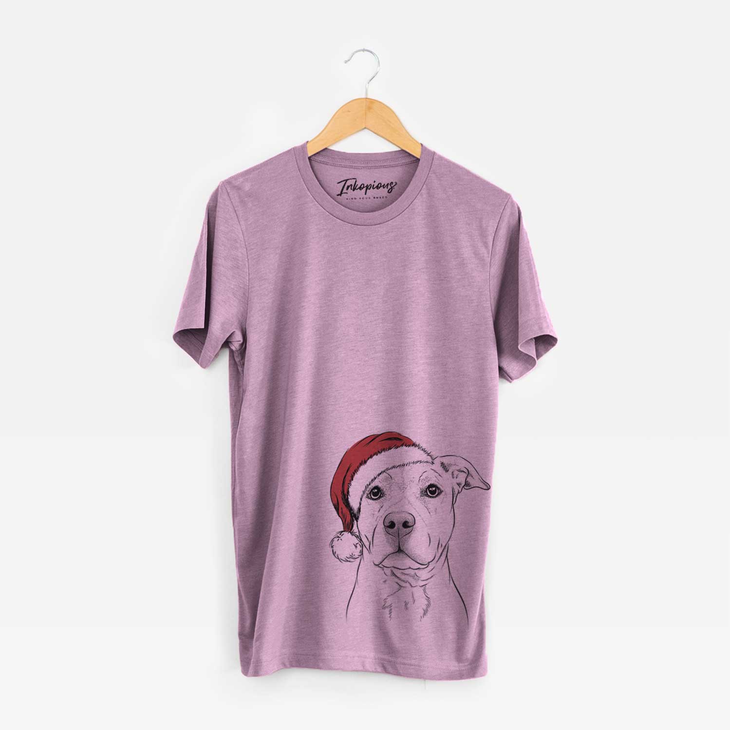 Hand-drawn sketch of Bailey the American Staffordshire Terrier wearing a Santa hat on an Orchid Unisex crewneck
