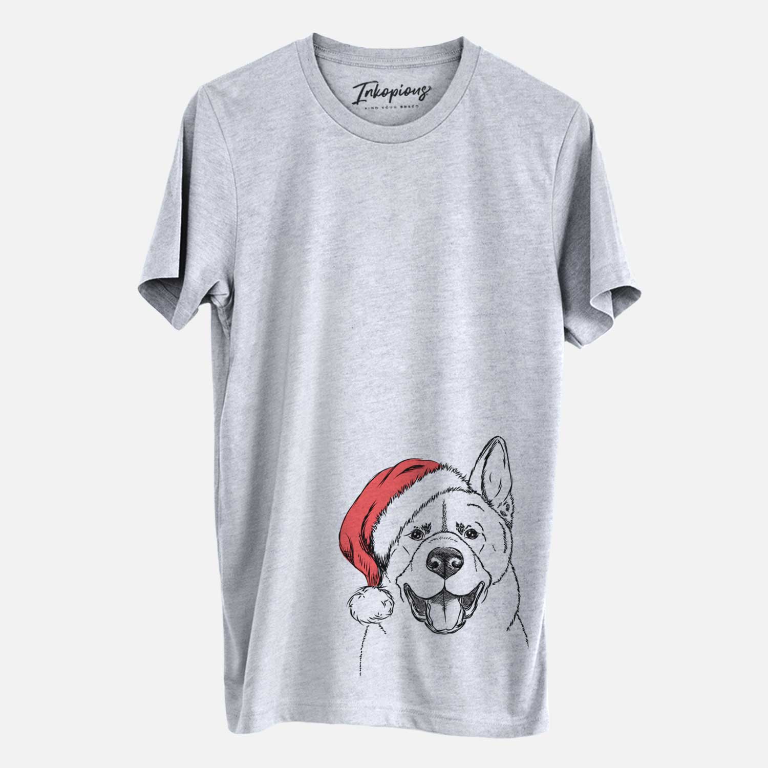 Hand-drawn sketch of Baku the Akita wearing a Santa hat on a Grey Unisex crewneck