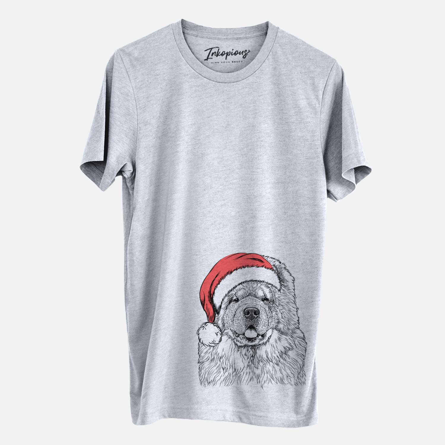 Hand-drawn sketch of Baloo the Chow Chow wearing a Santa hat on a Grey Unisex crewneck