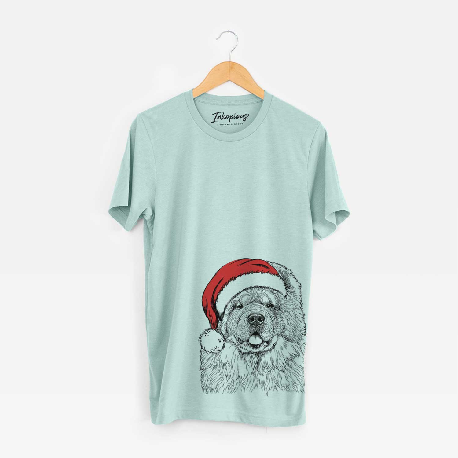 Hand-drawn sketch of Baloo the Chow Chow wearing a Santa hat on a Heather Sage Unisex crewneck