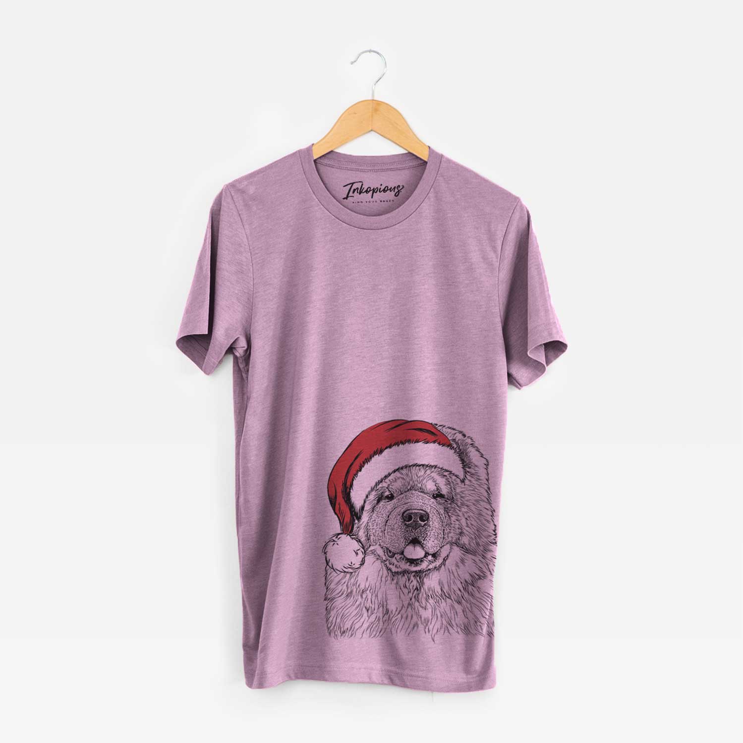 Hand-drawn sketch of Baloo the Chow Chow wearing a Santa hat on an Orchid Unisex crewneck