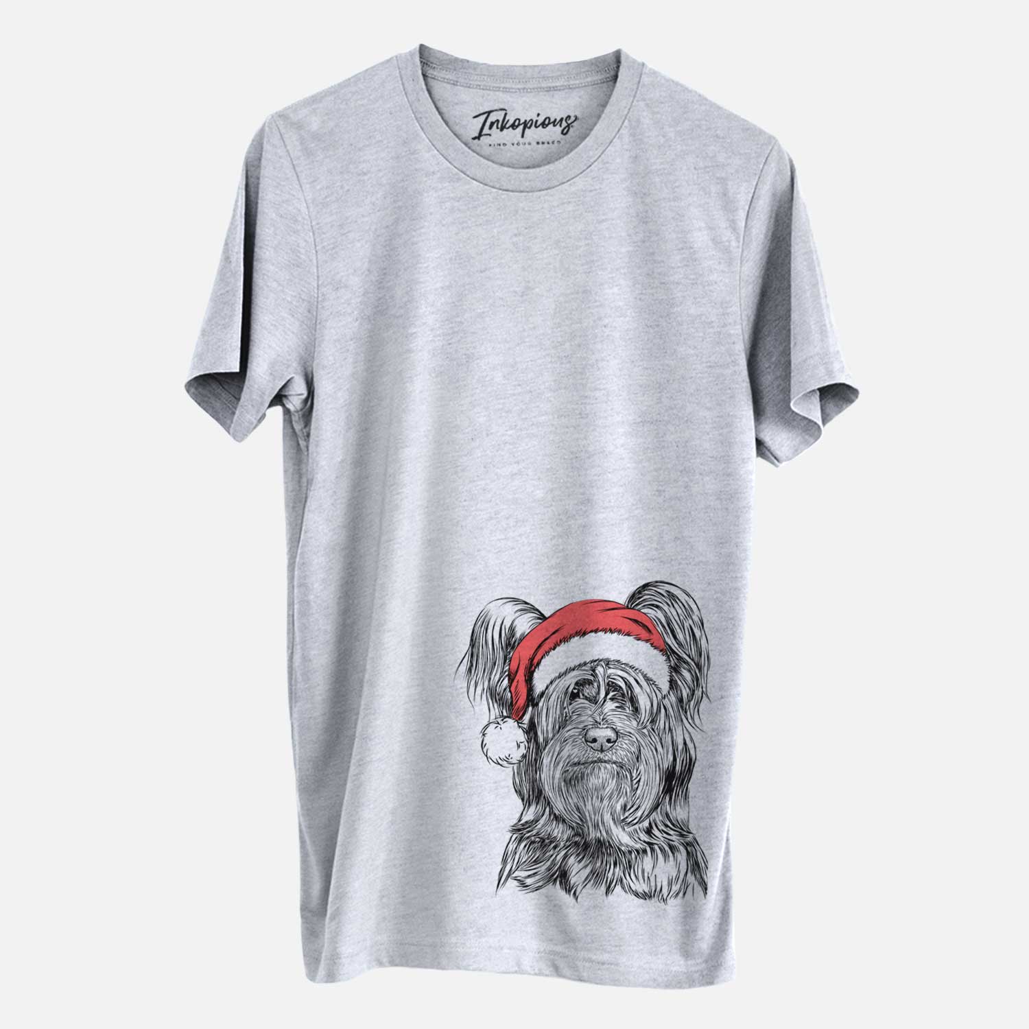 Hand-drawn sketch of Bandit the Skye Terrier wearing a Santa hat on a Grey Unisex crewneck