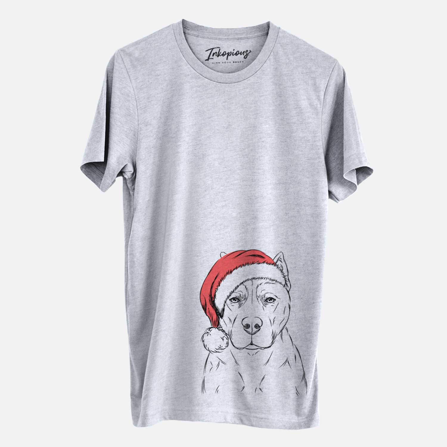 Hand-drawn sketch of Bane the Pitbull Mix wearing a Santa hat on a Grey Unisex crewneck