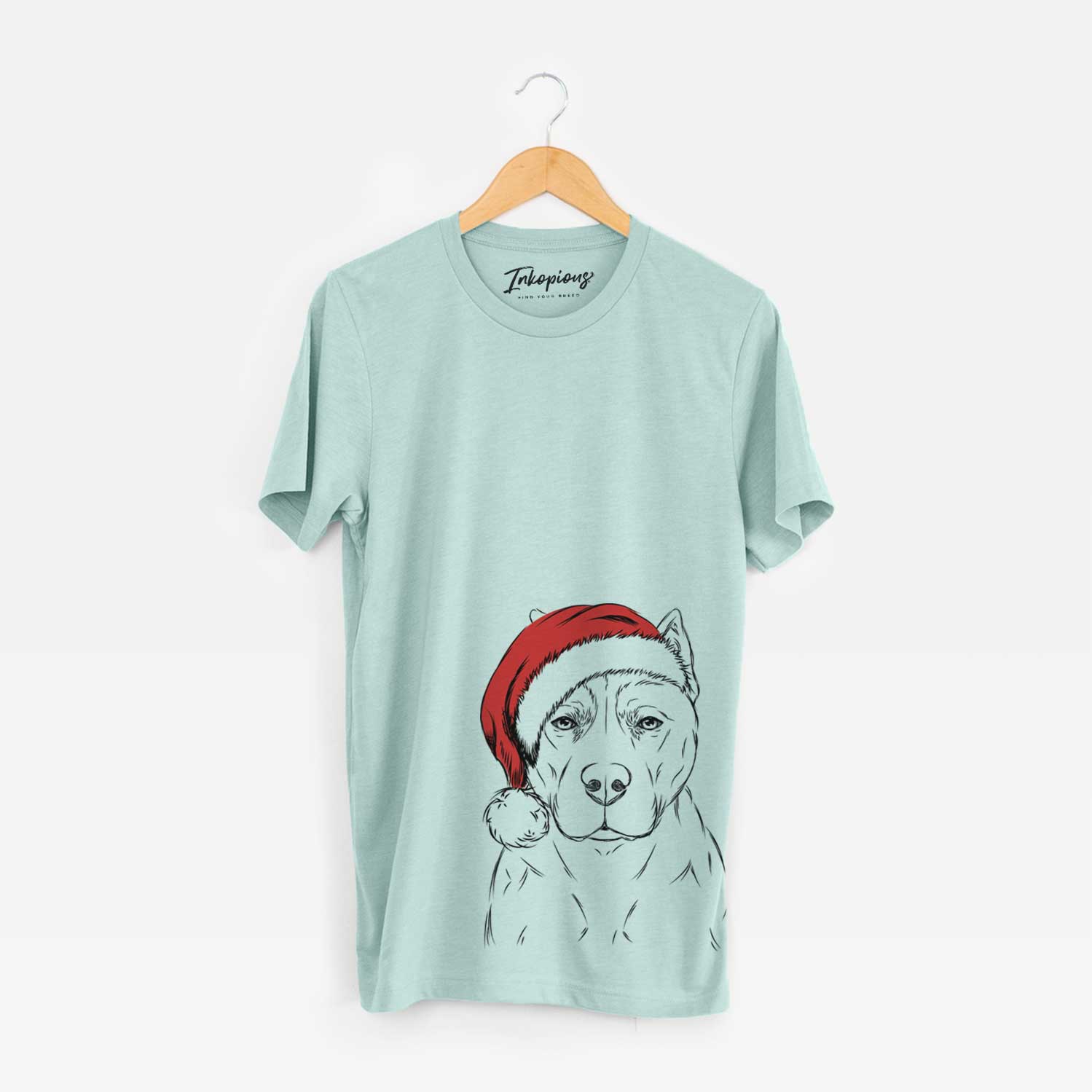 Hand-drawn sketch of Bane the Pitbull Mix wearing a Santa hat on a Heather Sage Unisex crewneck