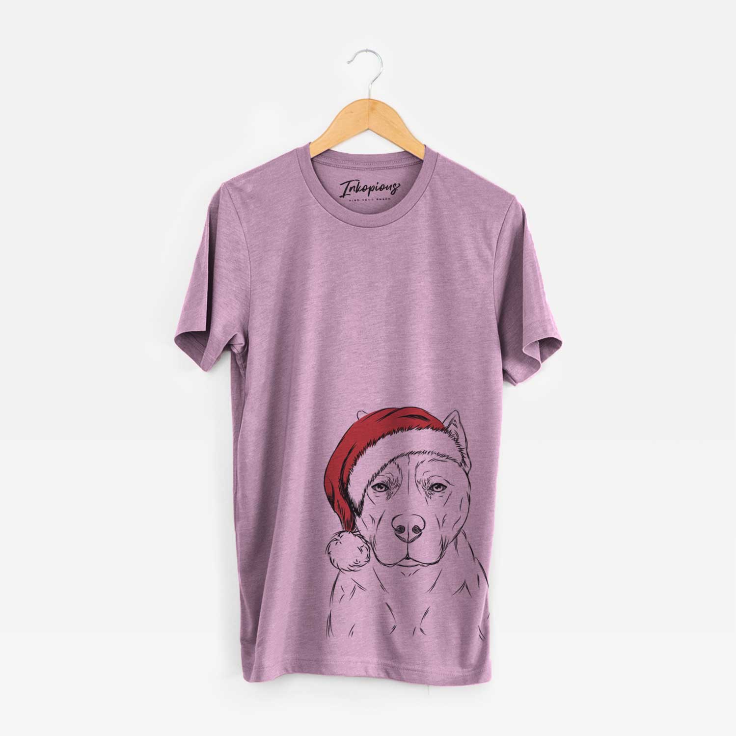Hand-drawn sketch of Bane the Pitbull Mix wearing a Santa hat on an Orchid Unisex crewneck