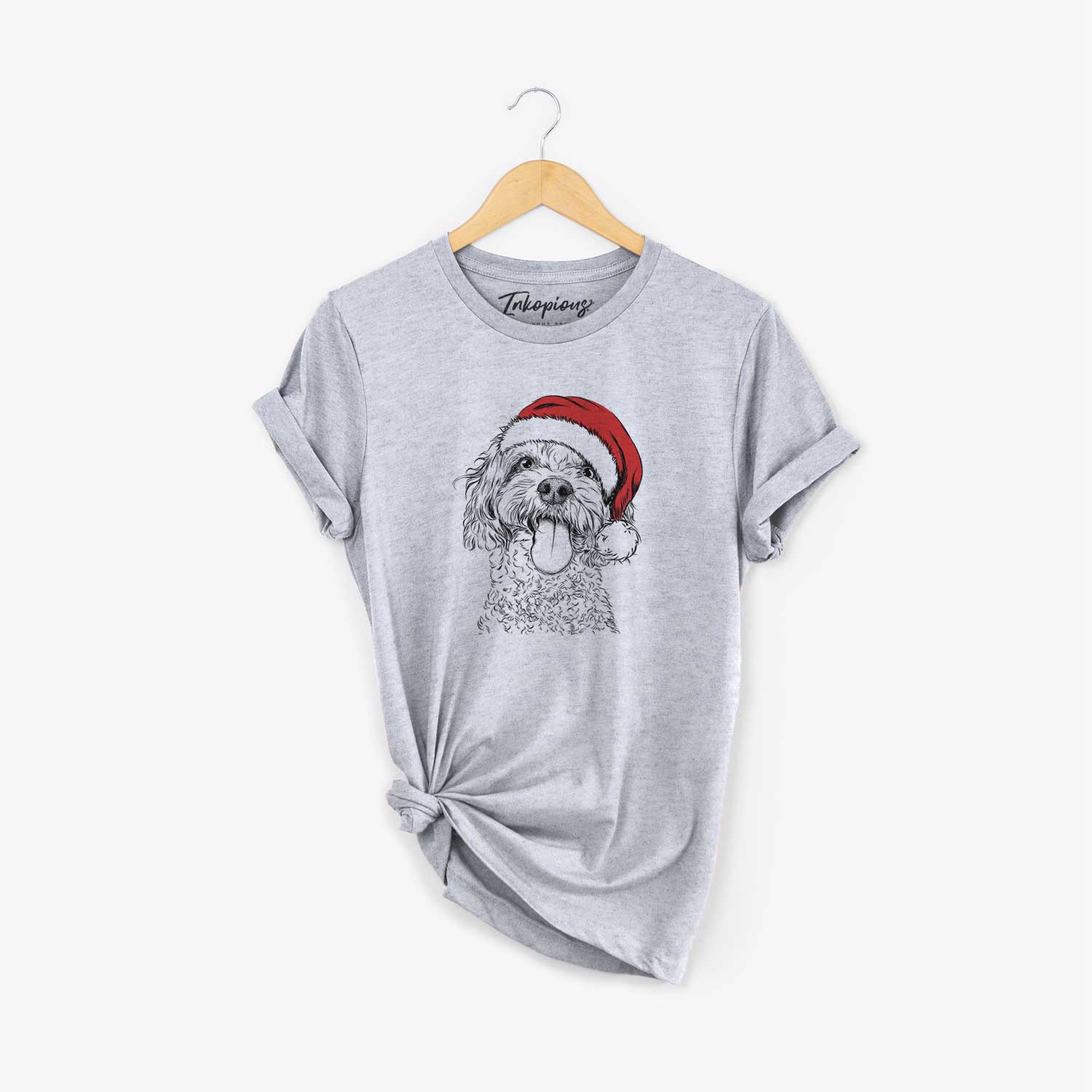 Hand-drawn sketch of Barney the Cavachon wearing a Santa hat on a Grey Unisex crewneck