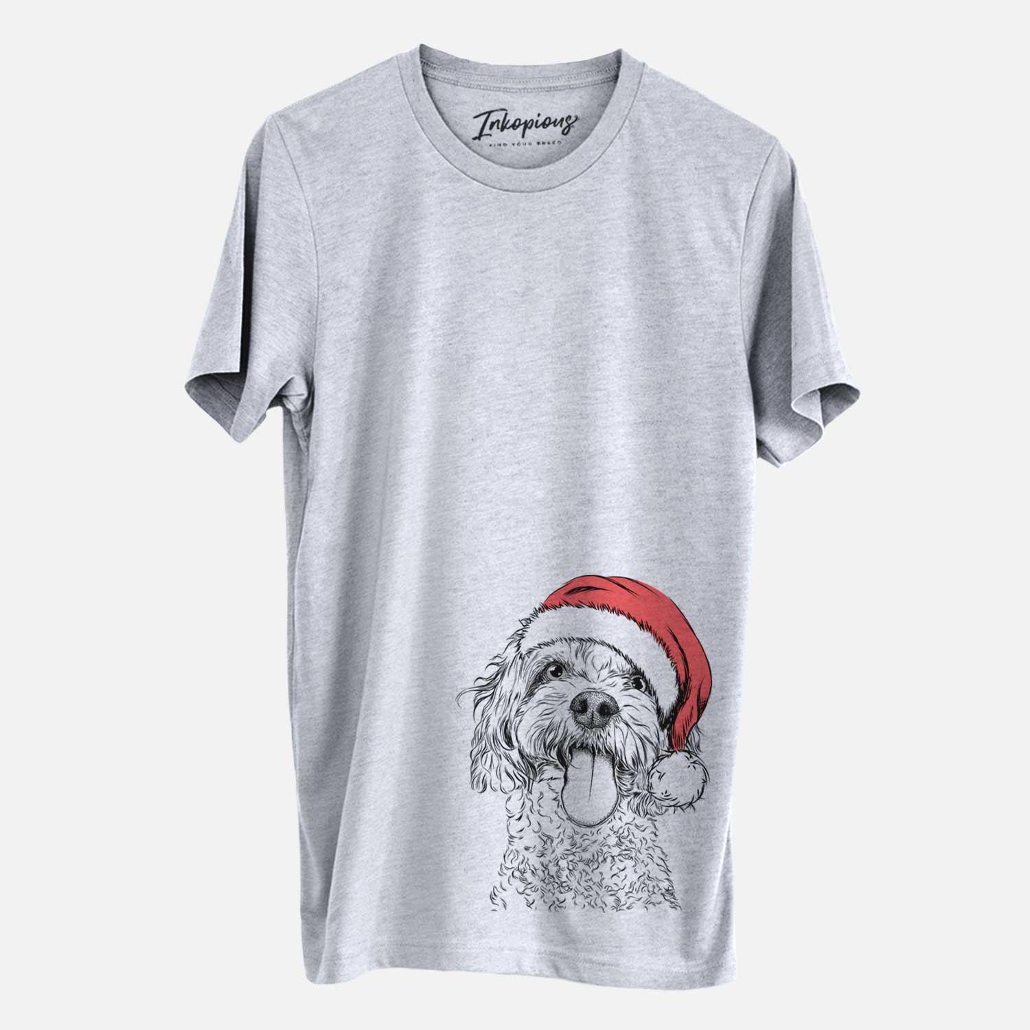 Hand-drawn sketch of Barney the Cavachon wearing a Santa hat on a Grey Unisex crewneck