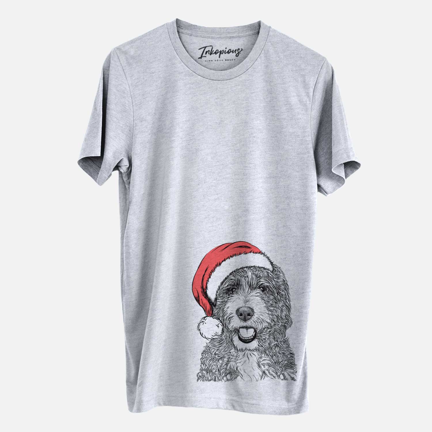 Hand-drawn sketch of Bash the Bernedoodle wearing a Santa hat on a Grey Unisex crewneck