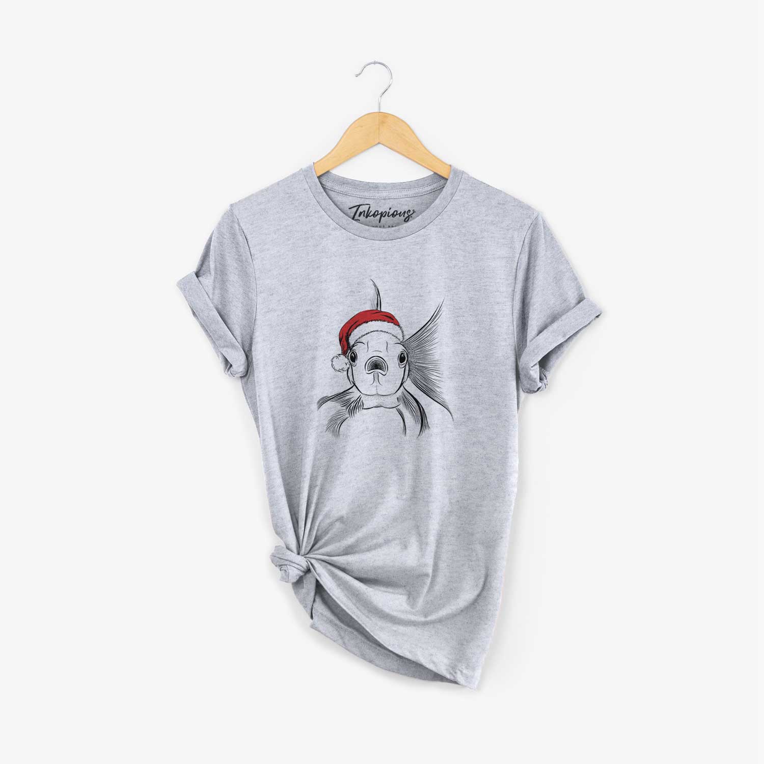 Hand-drawn sketch of Beefcake the Goldfish wearing a Santa hat on a Grey Unisex crewneck