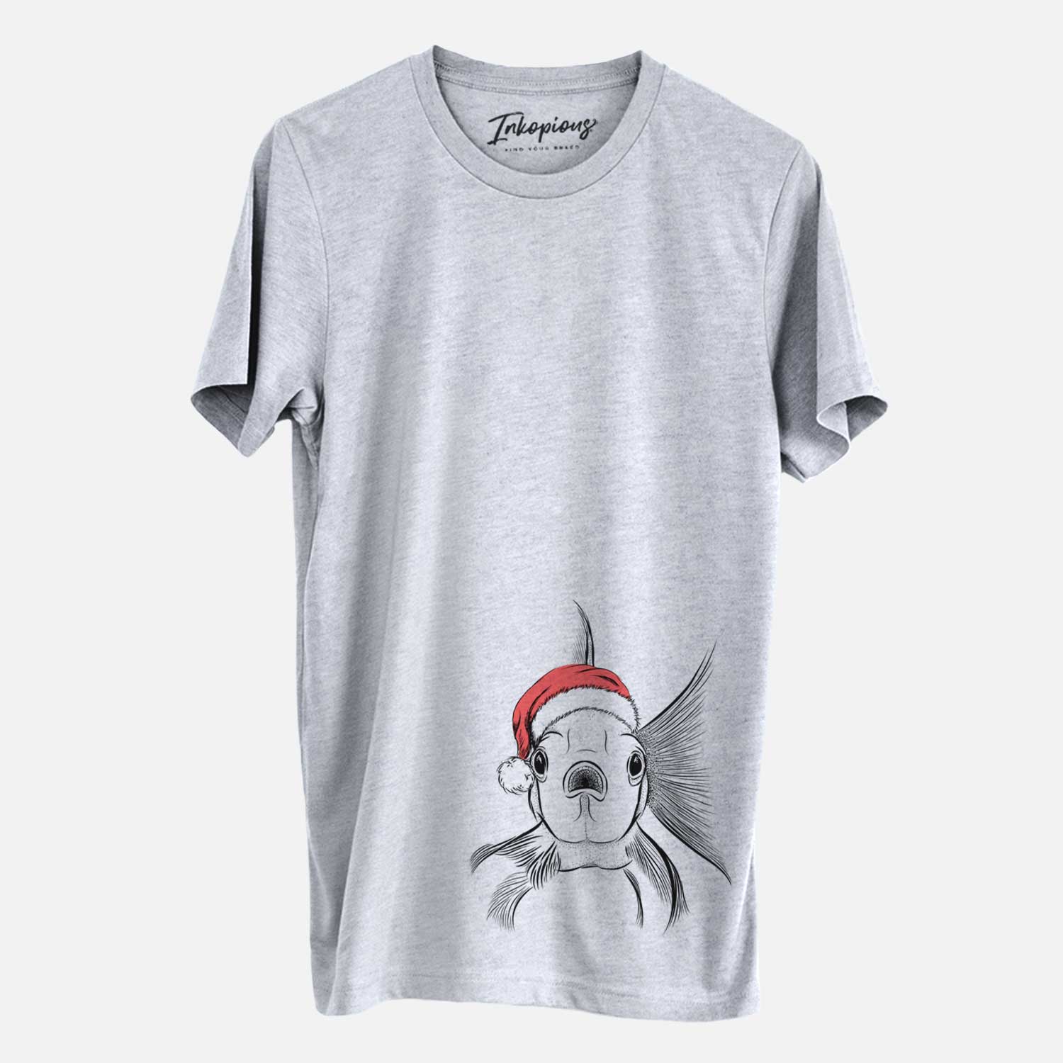 Hand-drawn sketch of Beefcake the Goldfish wearing a Santa hat on a Grey Unisex crewneck