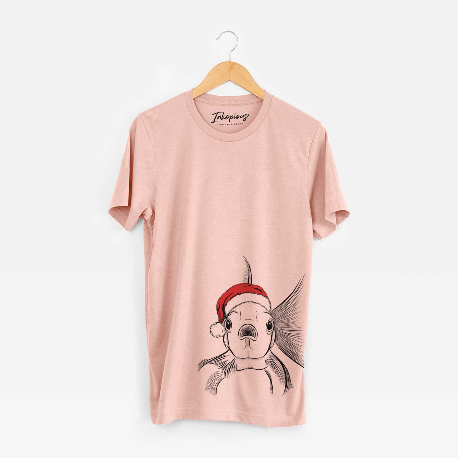 Hand-drawn sketch of Beefcake the Goldfish wearing a Santa hat on a Peach Unisex crewneck