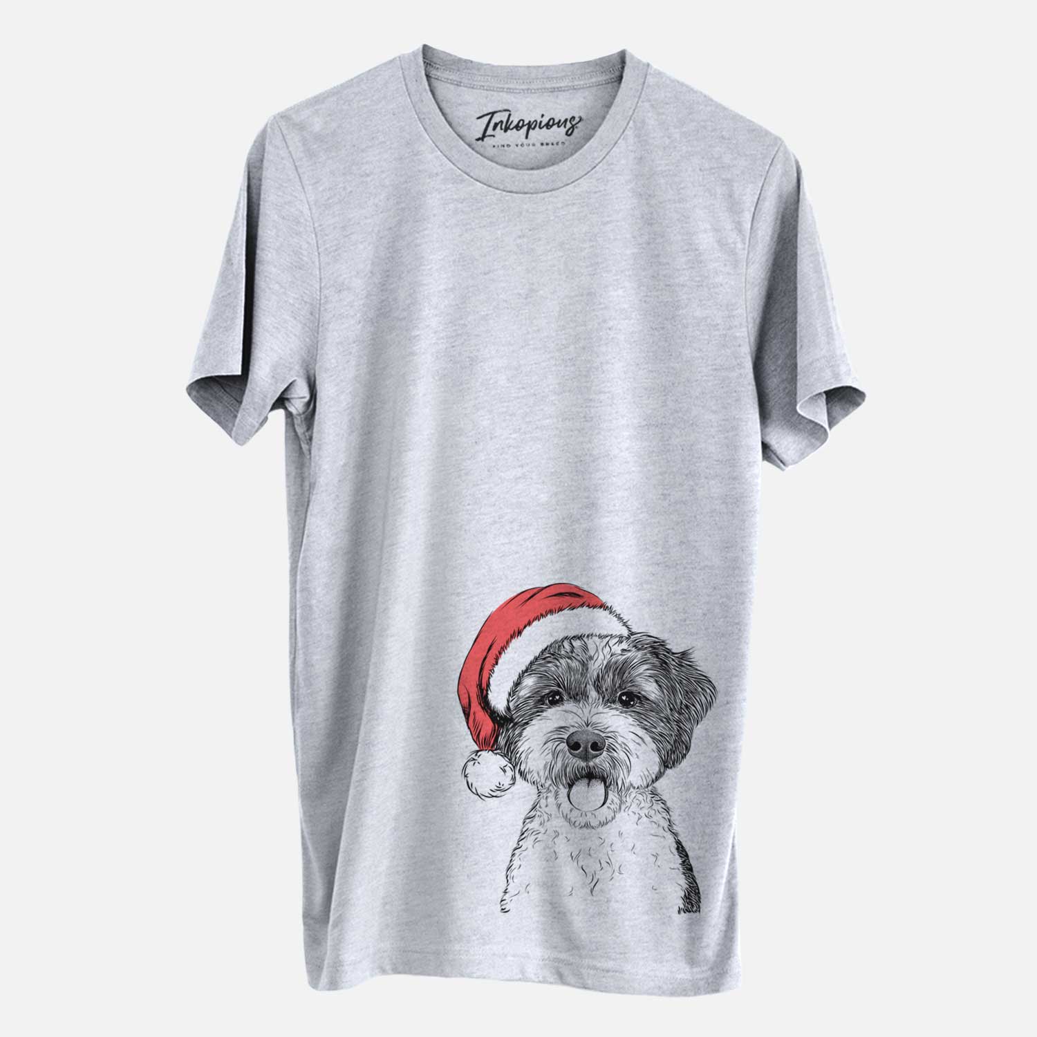 Hand-drawn sketch of Bella the Cockapoo wearing a Santa hat on a Grey Unisex crewneck