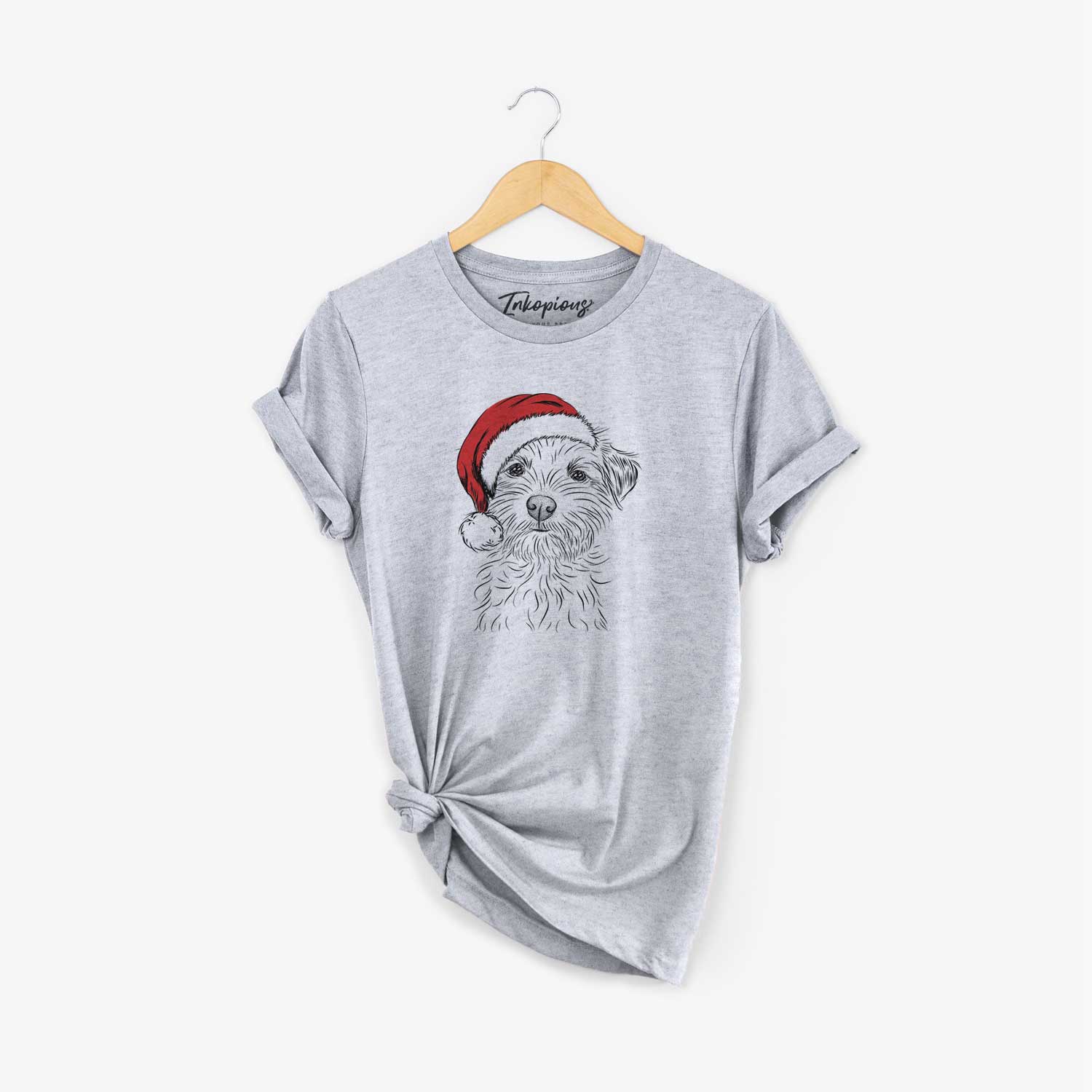 Hand-drawn sketch of Benjamin the Border Terrier wearing a Santa hat on a Grey Unisex crewneck
