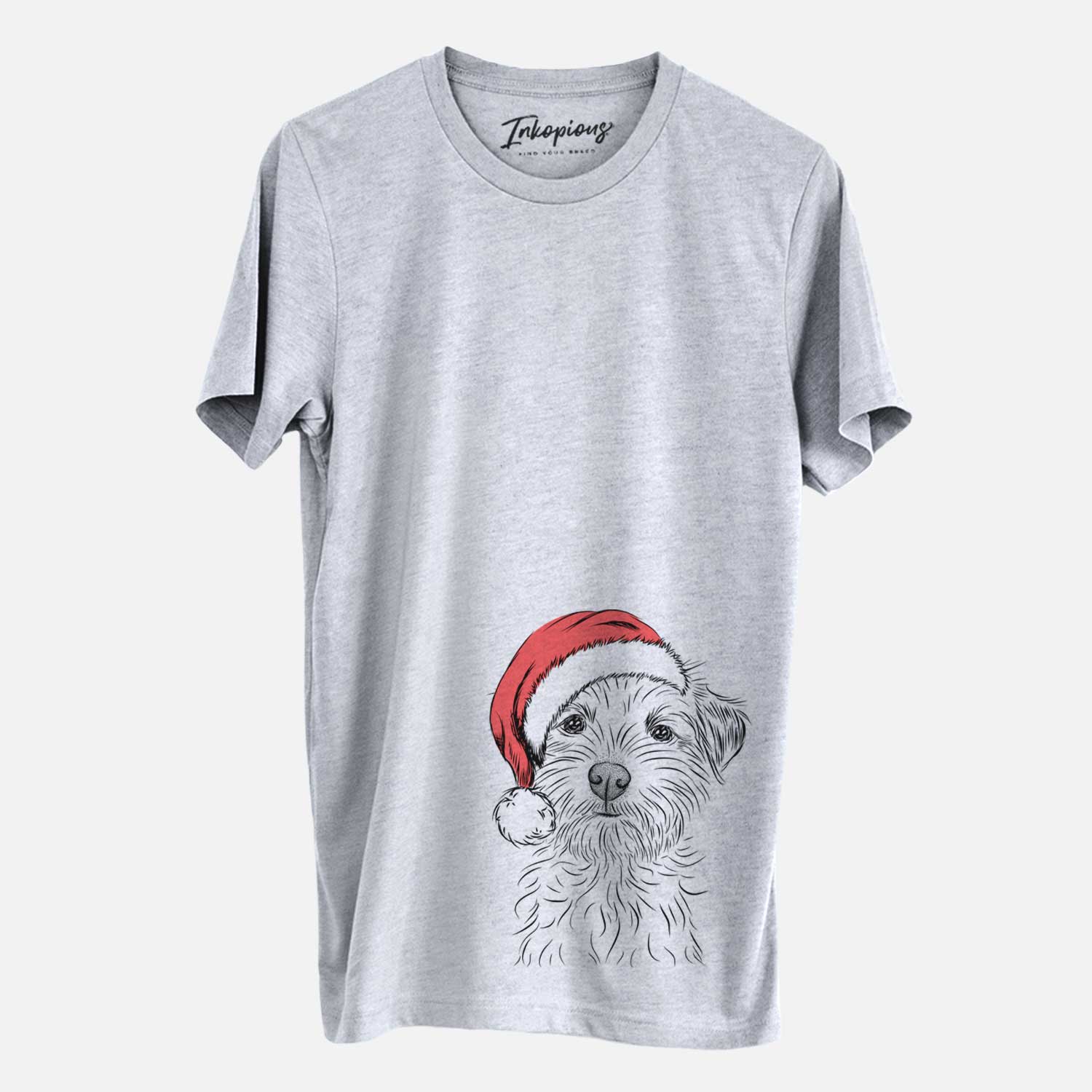 Hand-drawn sketch of Benjamin the Border Terrier wearing a Santa hat on a Grey Unisex crewneck