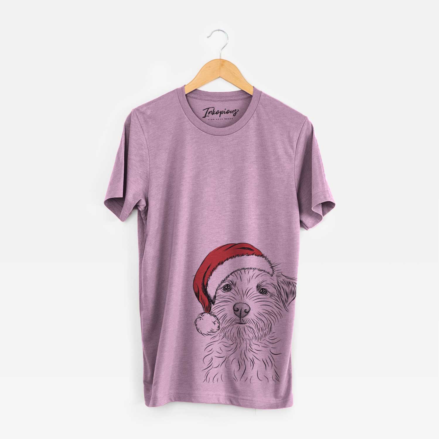 Hand-drawn sketch of Benjamin the Border Terrier wearing a Santa hat on an Orchid Unisex crewneck