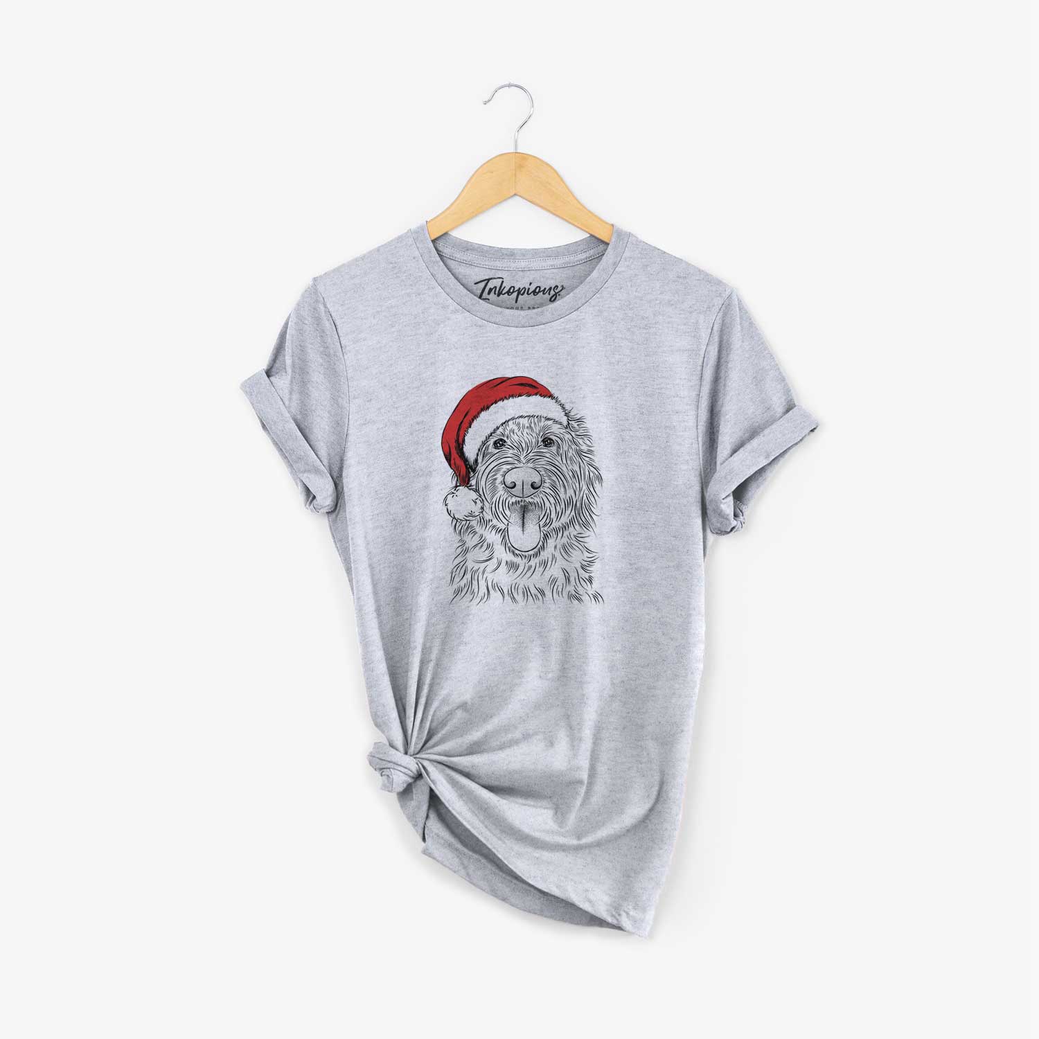 Hand-drawn sketch of Bennett the Doodle wearing a Santa hat on a Grey Unisex crewneck
