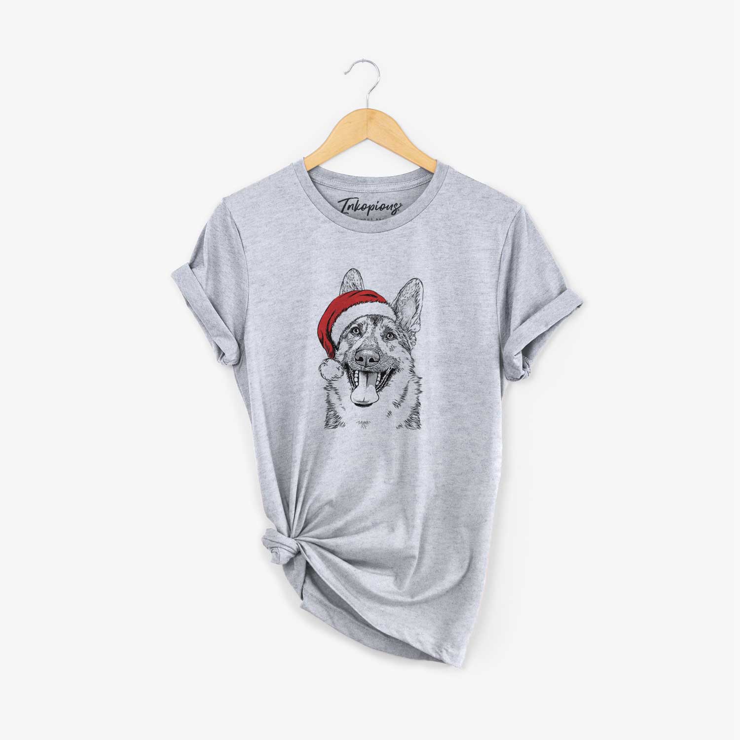 Hand-drawn sketch of Benson the German Shepherd wearing a Santa hat on a Grey Unisex crewneck